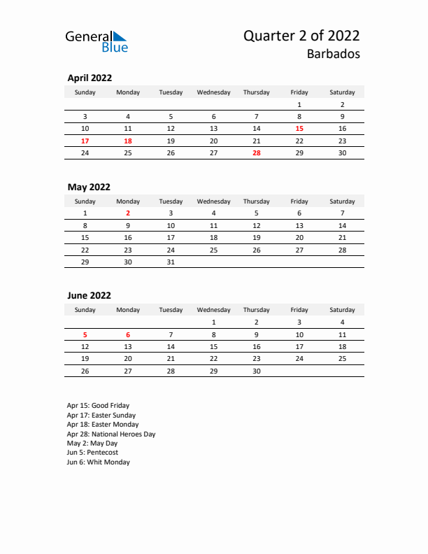 2022 Q2 Three-Month Calendar for Barbados