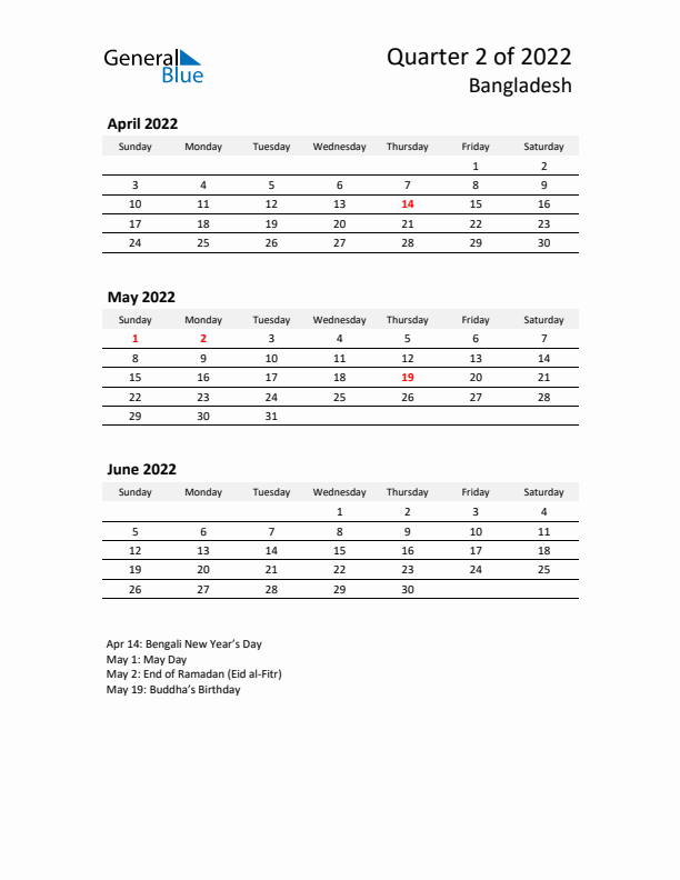 2022 Q2 Three-Month Calendar for Bangladesh