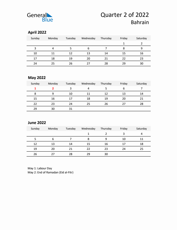 2022 Q2 Three-Month Calendar for Bahrain