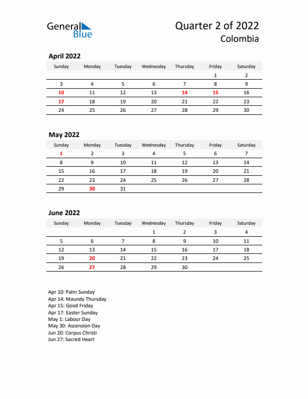 2022 Q2 Three-Month Calendar for Colombia