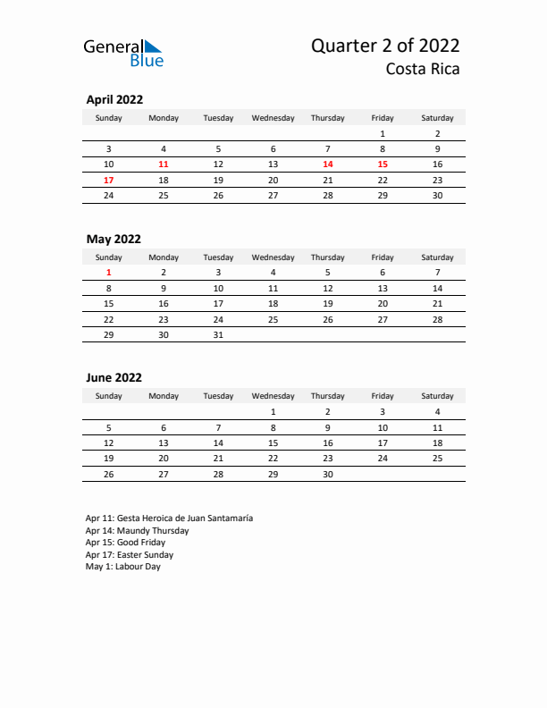 2022 Q2 Three-Month Calendar for Costa Rica