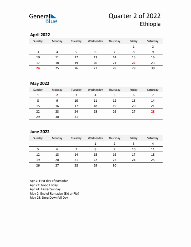 2022 Q2 Three-Month Calendar for Ethiopia