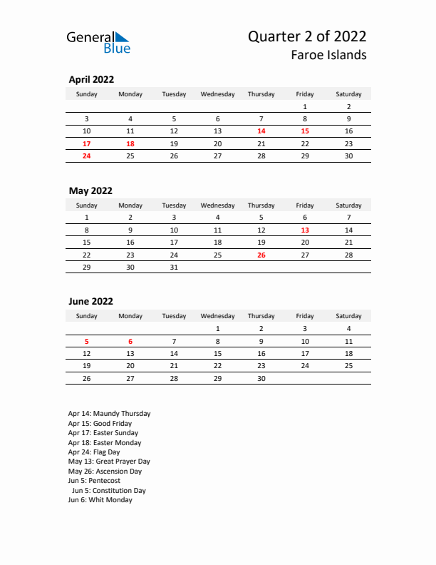 2022 Q2 Three-Month Calendar for Faroe Islands