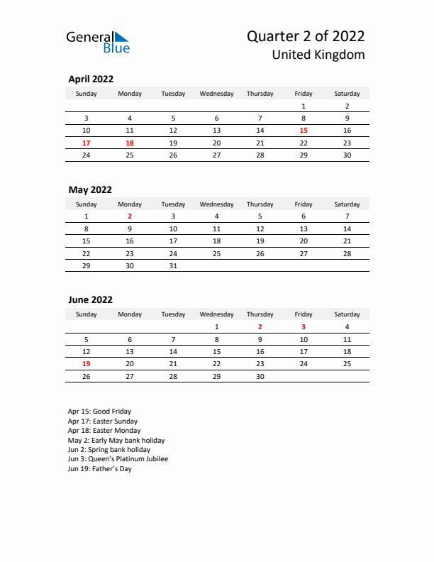 2022 Q2 Three-Month Calendar for United Kingdom