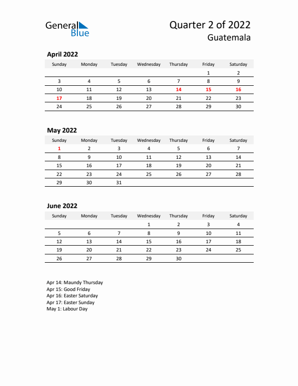 2022 Q2 Three-Month Calendar for Guatemala