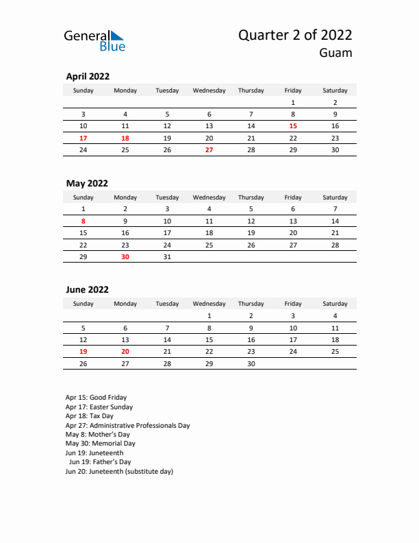 2022 Q2 Three-Month Calendar for Guam