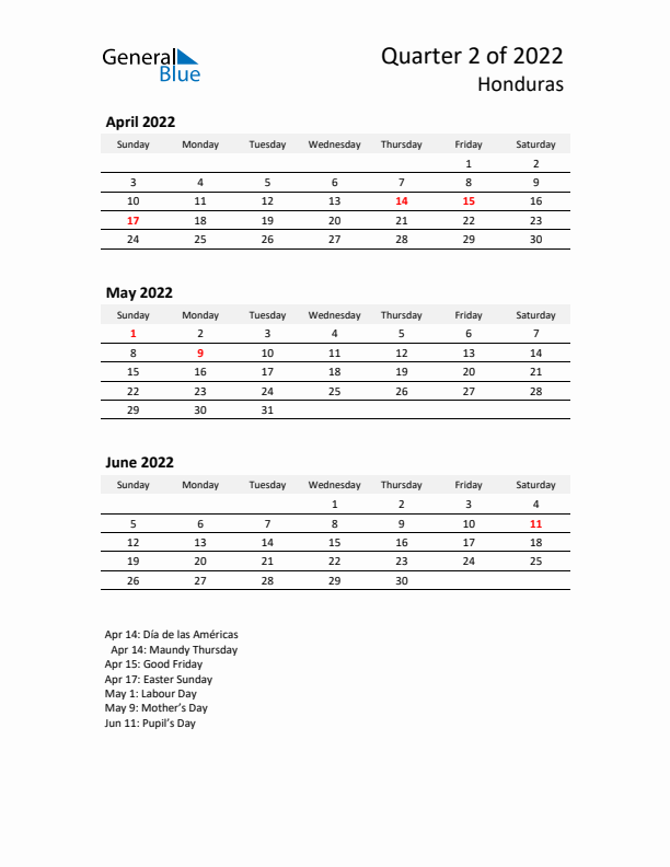 2022 Q2 Three-Month Calendar for Honduras