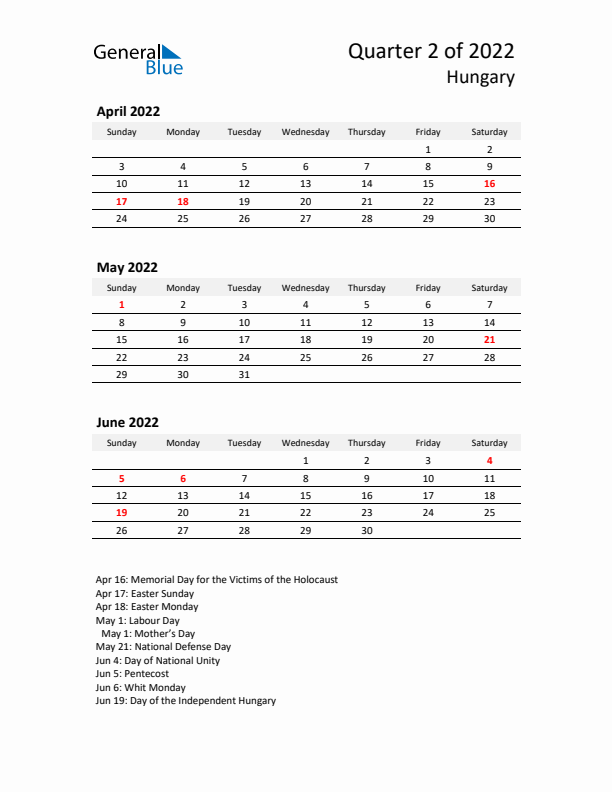 2022 Q2 Three-Month Calendar for Hungary