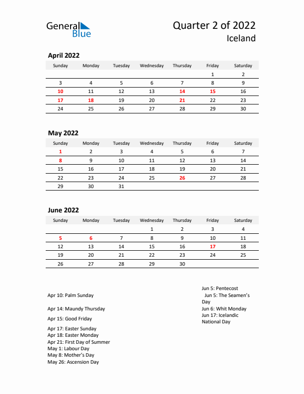 2022 Q2 Three-Month Calendar for Iceland