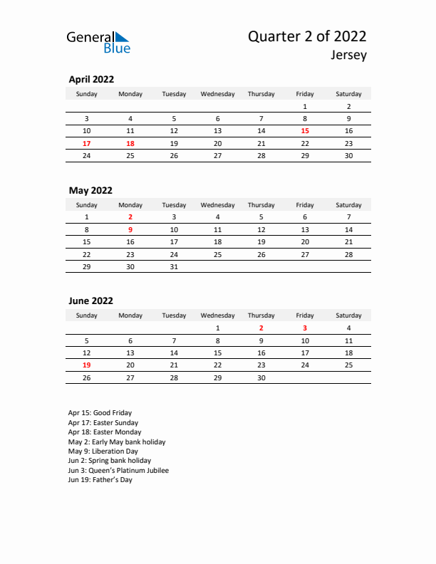 2022 Q2 Three-Month Calendar for Jersey