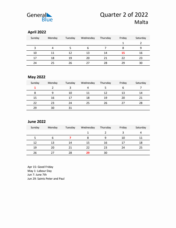 2022 Q2 Three-Month Calendar for Malta