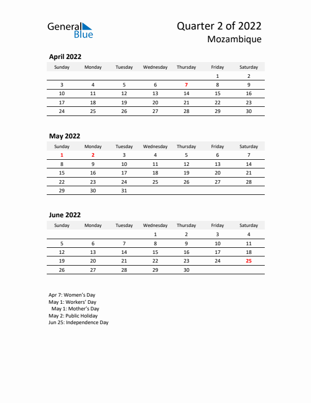 2022 Q2 Three-Month Calendar for Mozambique