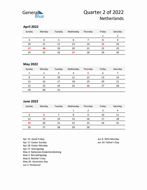 2022 Q2 Three-Month Calendar for The Netherlands