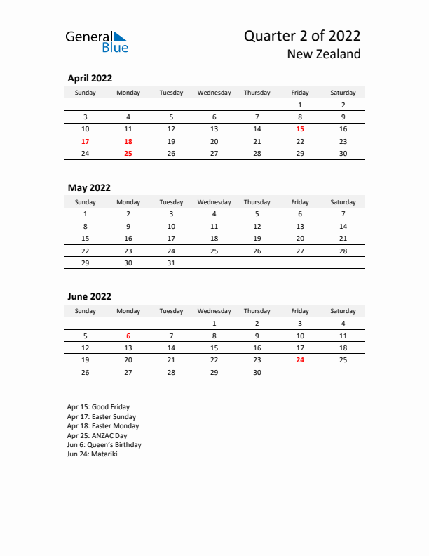 2022 Q2 Three-Month Calendar for New Zealand