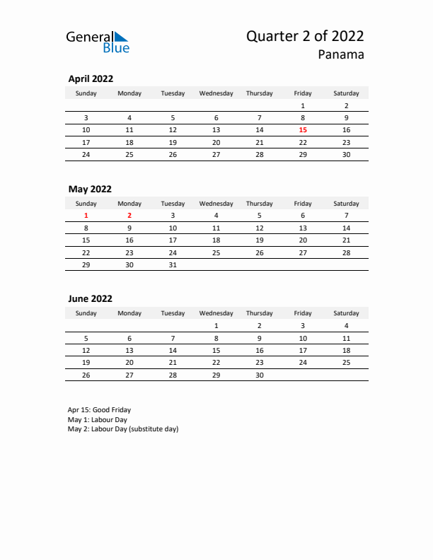 2022 Q2 Three-Month Calendar for Panama