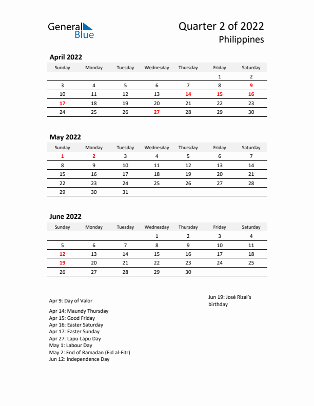 2022 Q2 Three-Month Calendar for Philippines