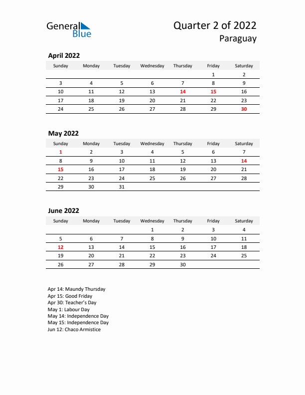 2022 Q2 Three-Month Calendar for Paraguay