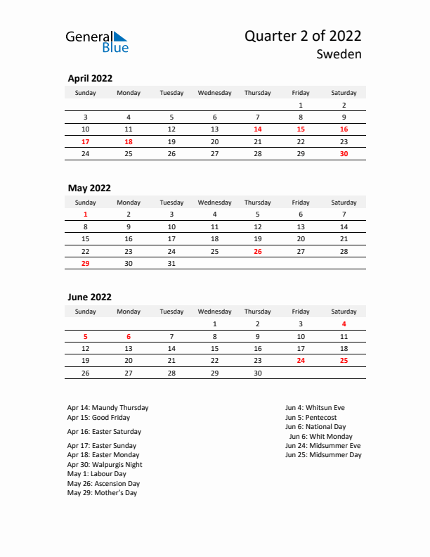 2022 Q2 Three-Month Calendar for Sweden