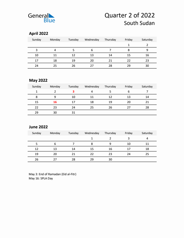 2022 Q2 Three-Month Calendar for South Sudan