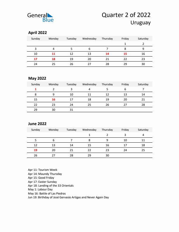 2022 Q2 Three-Month Calendar for Uruguay