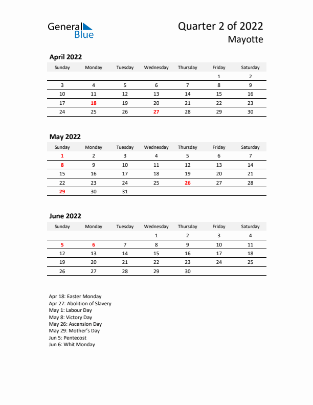 2022 Q2 Three-Month Calendar for Mayotte