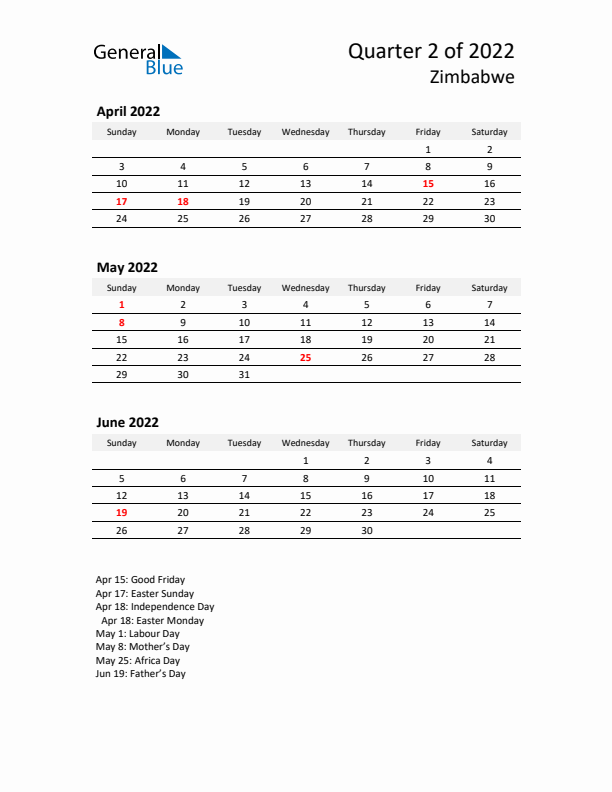 2022 Q2 Three-Month Calendar for Zimbabwe