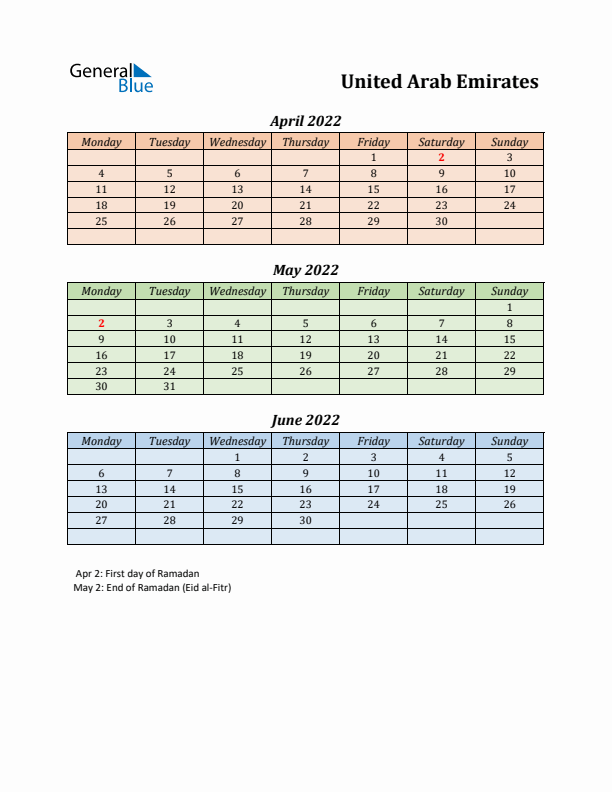 Q2 2022 Holiday Calendar - United Arab Emirates