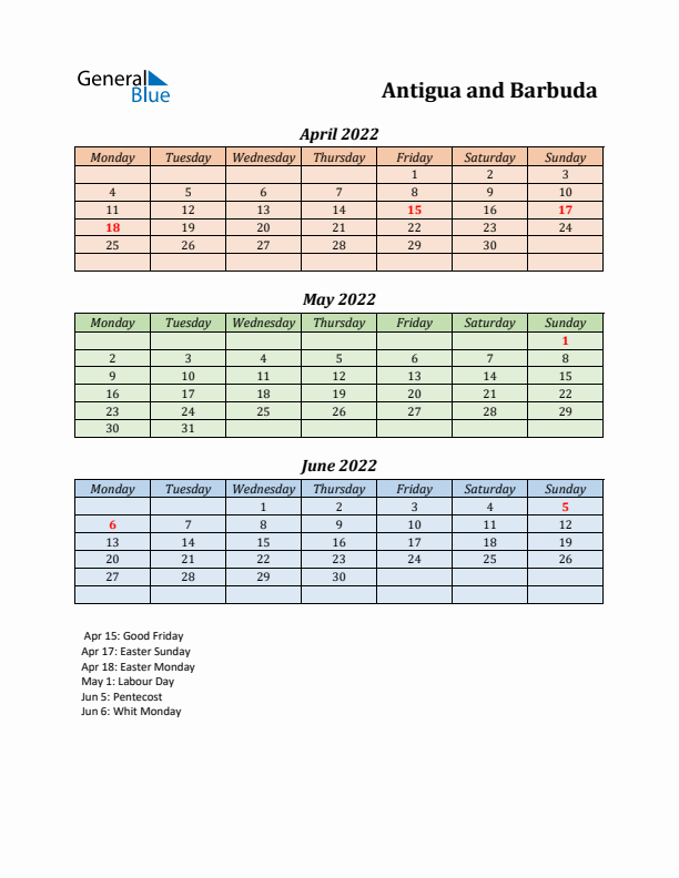 Q2 2022 Holiday Calendar - Antigua and Barbuda