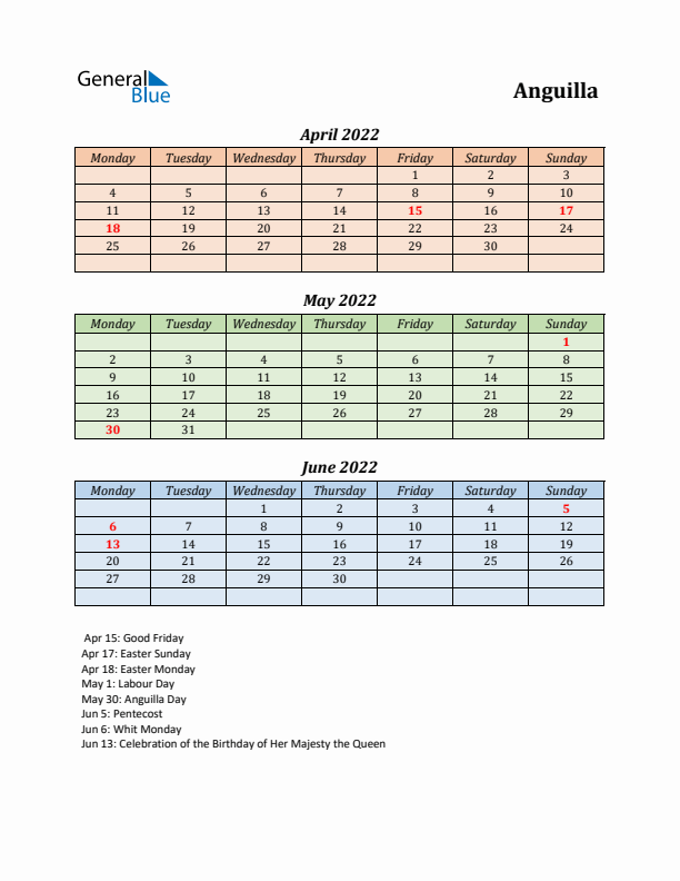 Q2 2022 Holiday Calendar - Anguilla