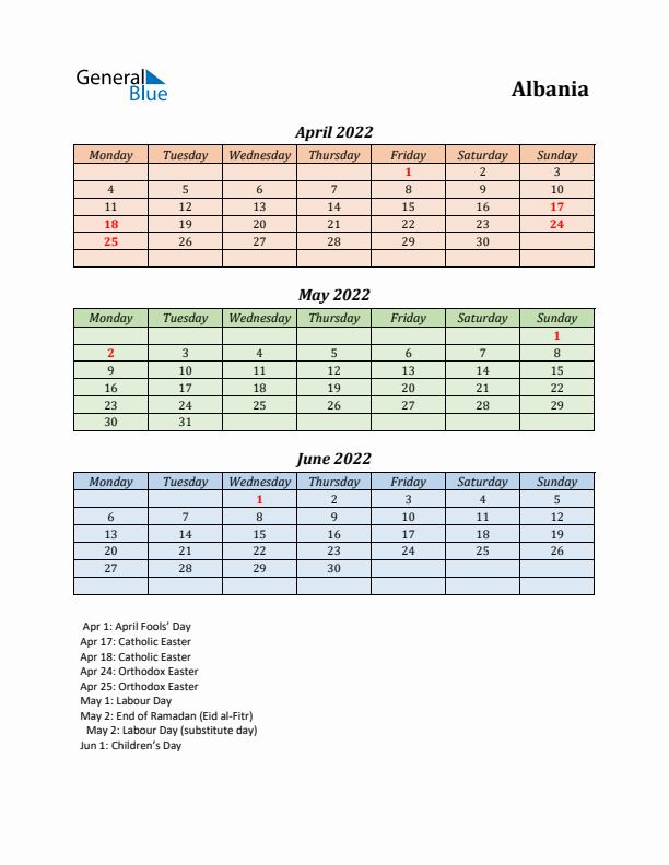 Q2 2022 Holiday Calendar - Albania