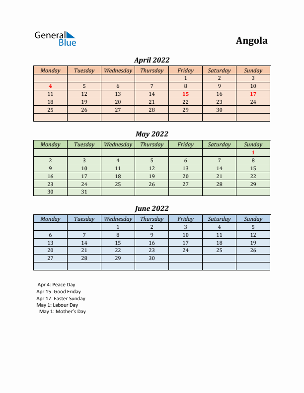 Q2 2022 Holiday Calendar - Angola