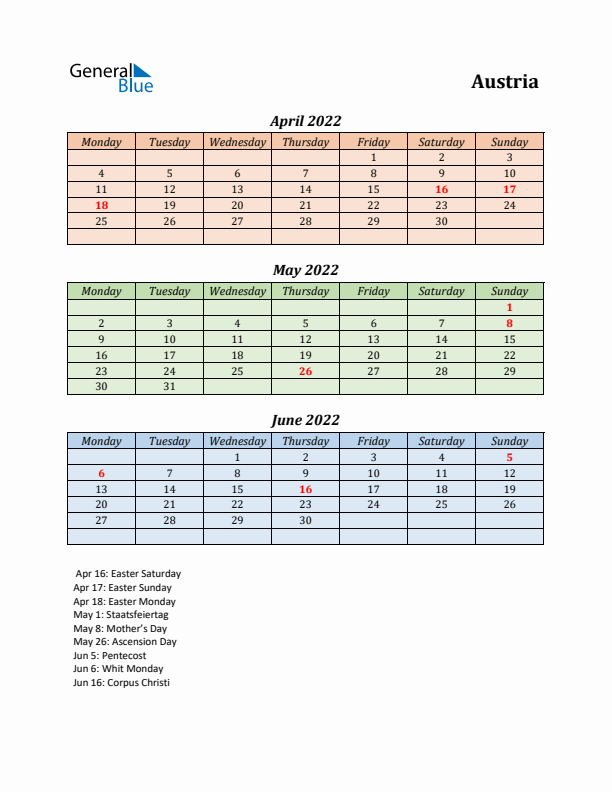 Q2 2022 Holiday Calendar - Austria