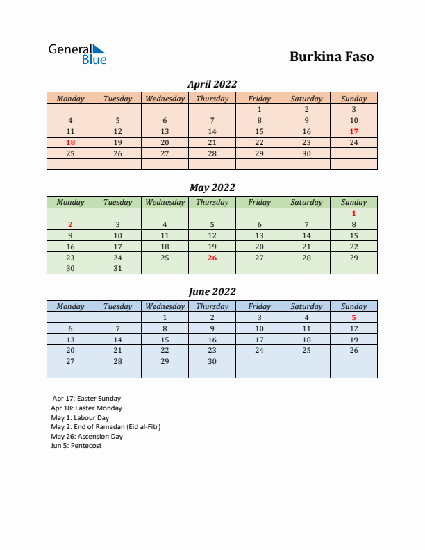 Q2 2022 Holiday Calendar - Burkina Faso