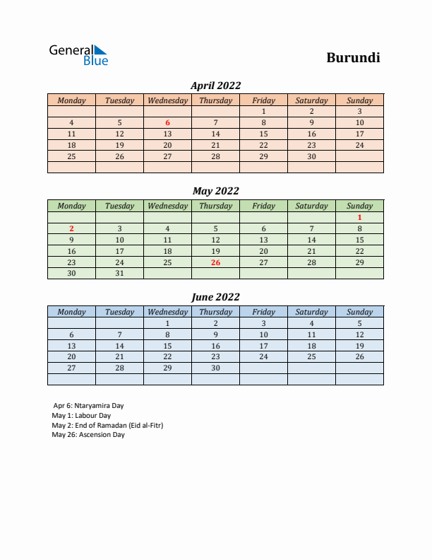 Q2 2022 Holiday Calendar - Burundi