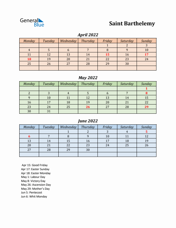 Q2 2022 Holiday Calendar - Saint Barthelemy