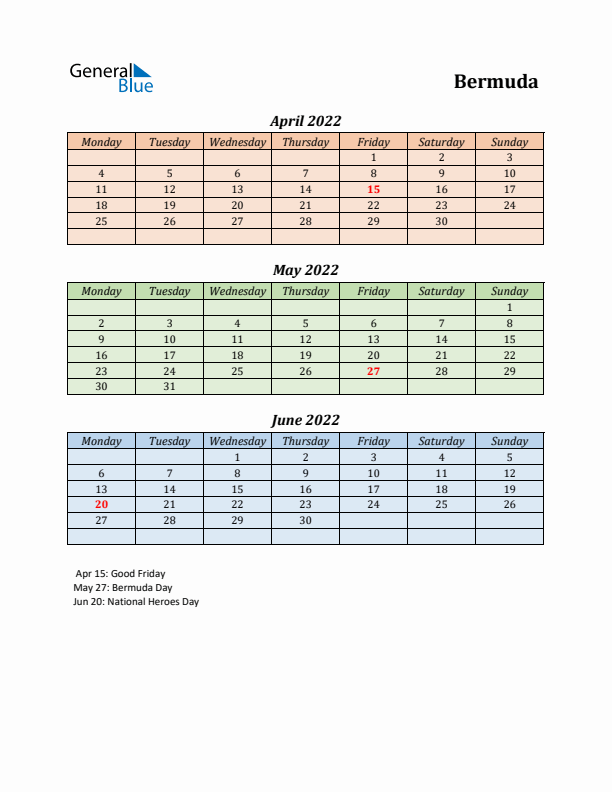 Q2 2022 Holiday Calendar - Bermuda