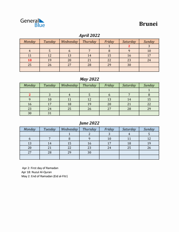 Q2 2022 Holiday Calendar - Brunei