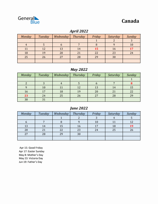 Q2 2022 Holiday Calendar - Canada