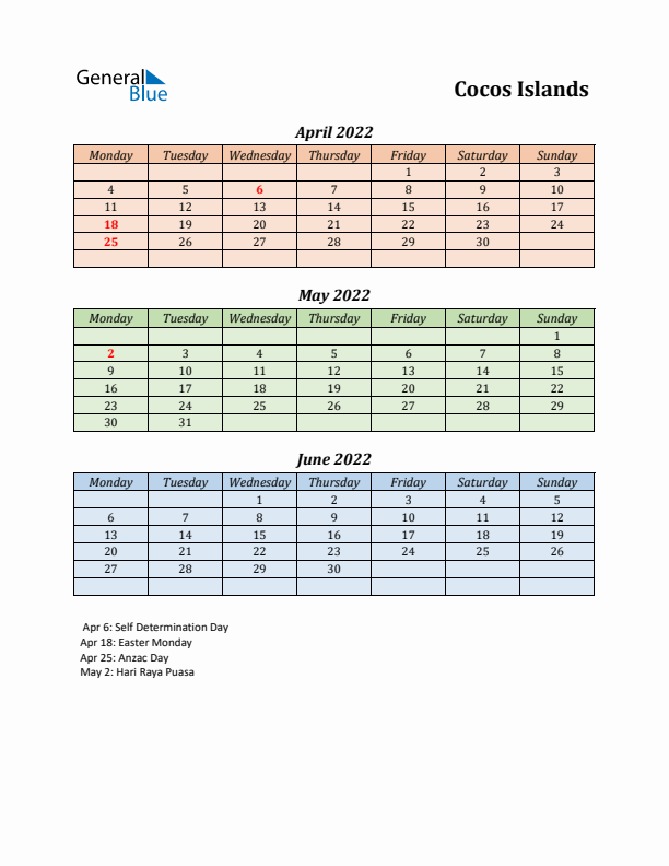 Q2 2022 Holiday Calendar - Cocos Islands