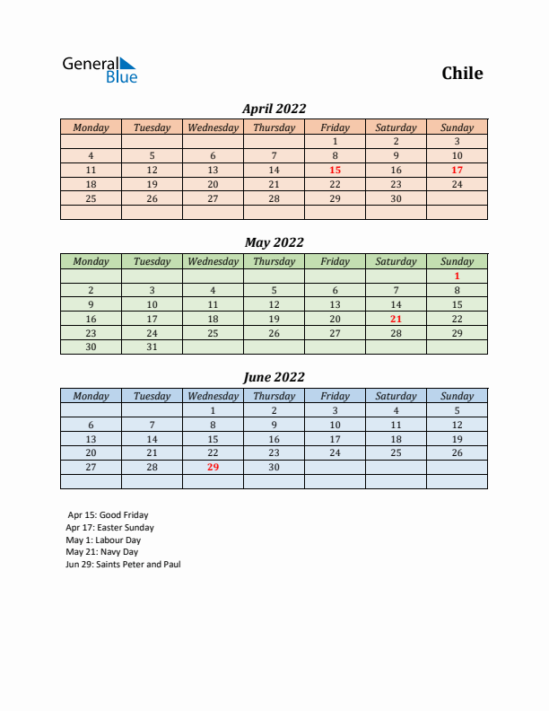 Q2 2022 Holiday Calendar - Chile