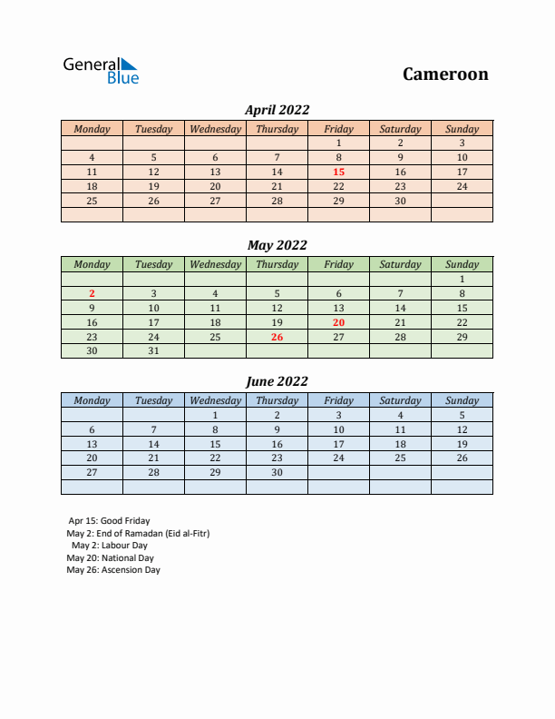 Q2 2022 Holiday Calendar - Cameroon