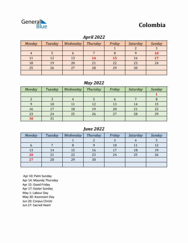 Q2 2022 Holiday Calendar - Colombia