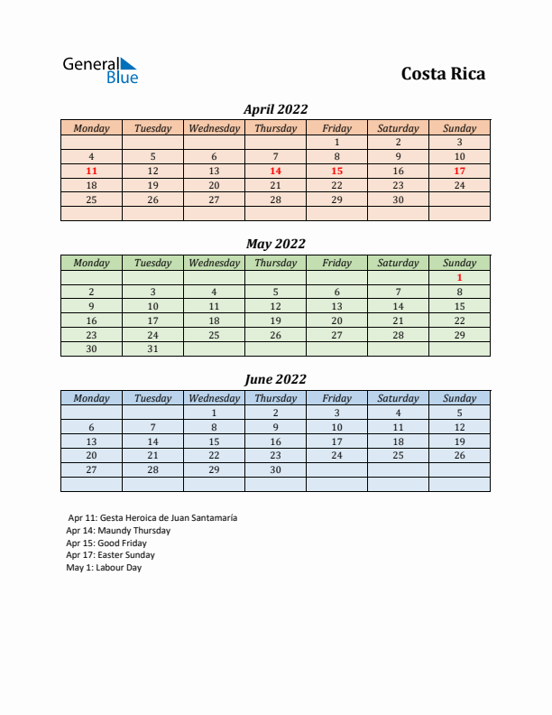 Q2 2022 Holiday Calendar - Costa Rica