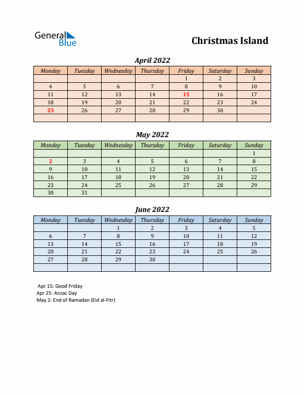 Q2 2022 Holiday Calendar - Christmas Island