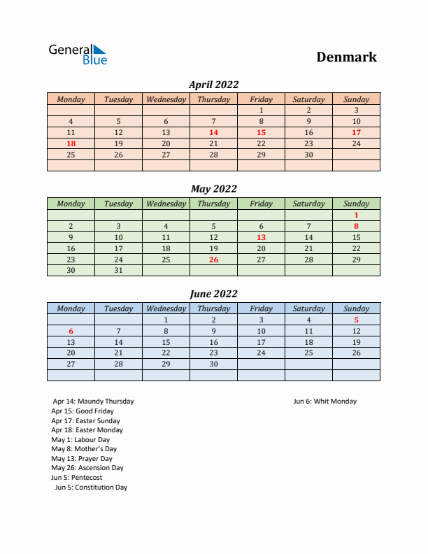 Q2 2022 Holiday Calendar - Denmark