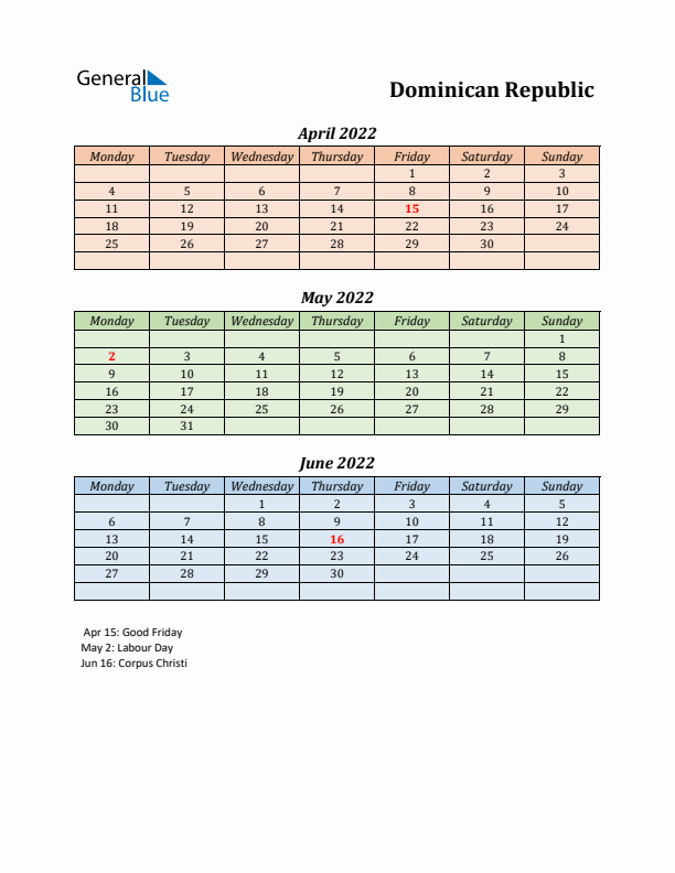 Q2 2022 Holiday Calendar - Dominican Republic