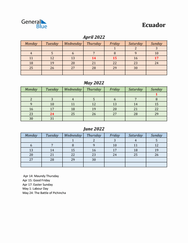 Q2 2022 Holiday Calendar - Ecuador