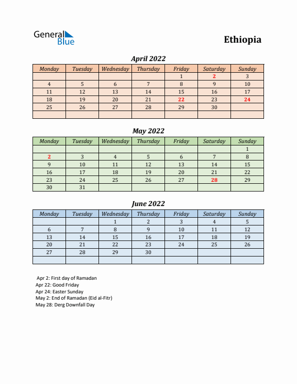 Q2 2022 Holiday Calendar - Ethiopia