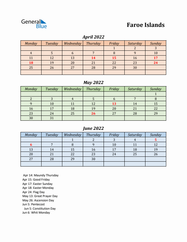 Q2 2022 Holiday Calendar - Faroe Islands