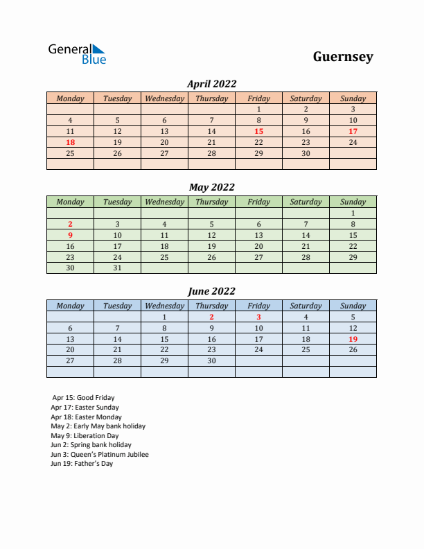 Q2 2022 Holiday Calendar - Guernsey